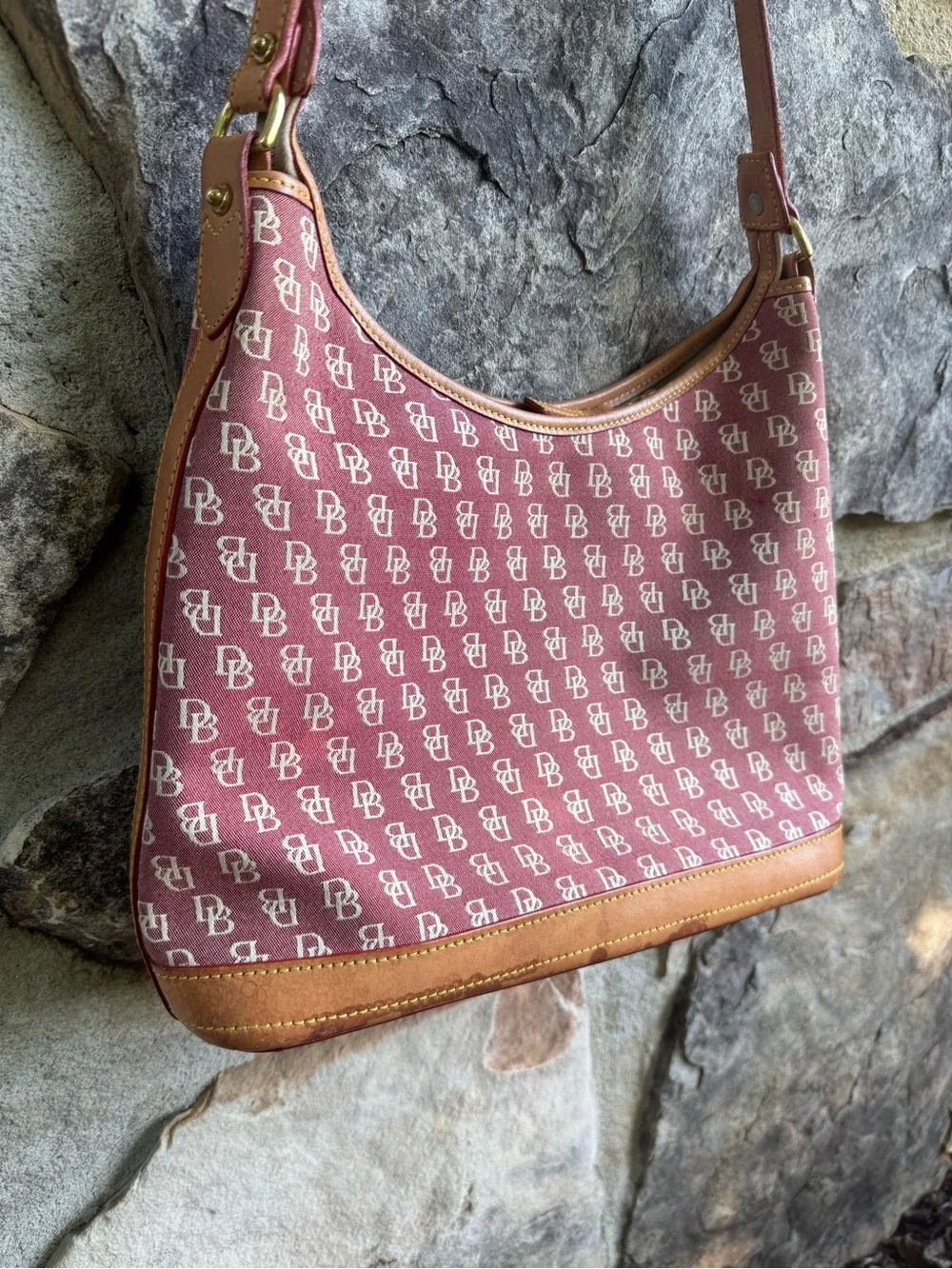 Dooney & Bourke Burgundy Logo Shoulder Hobo Bag with Tan Leather Trim Y2K